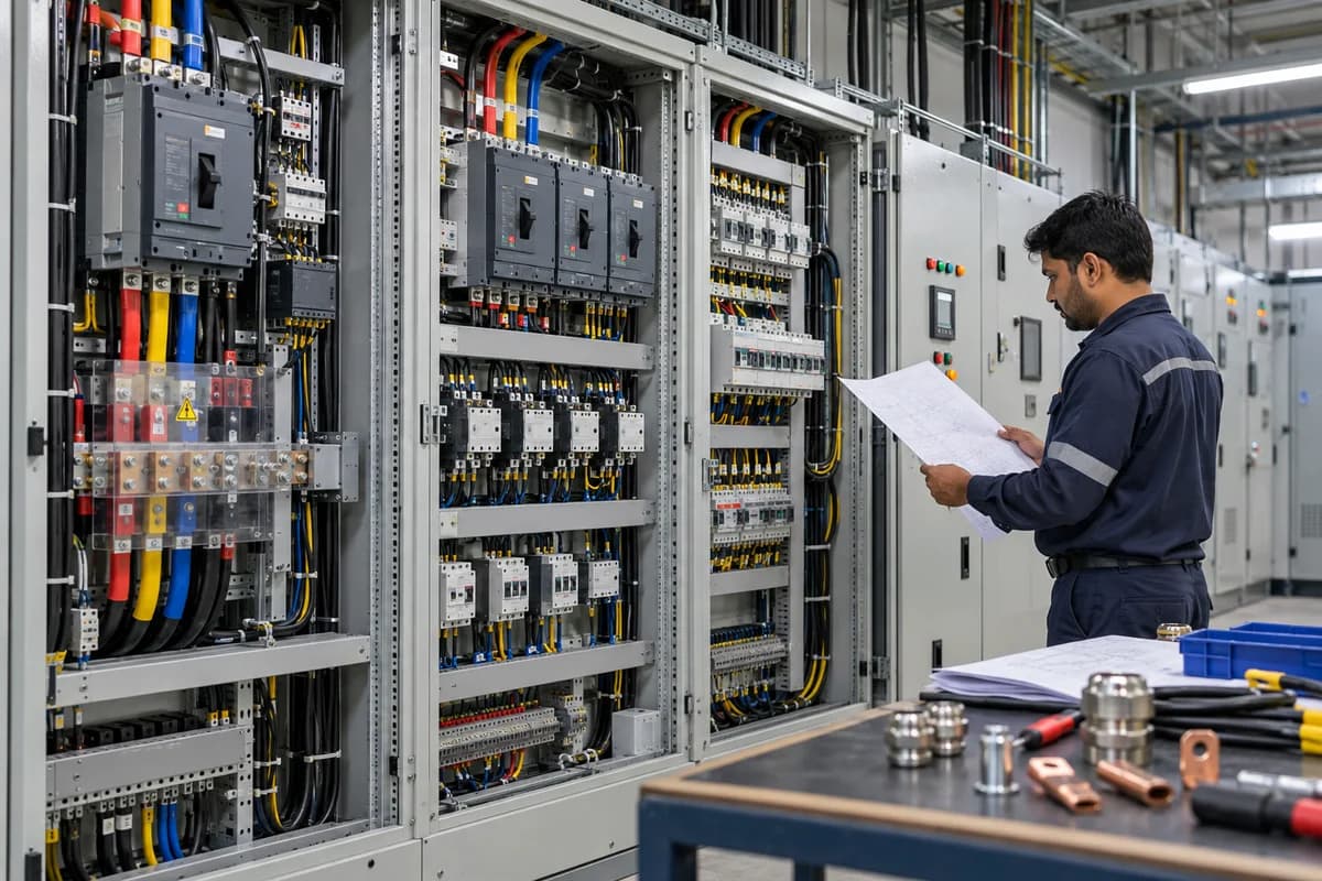 Illustrative Indian facility engineer reviewing electrical distribution equipment and switchgear