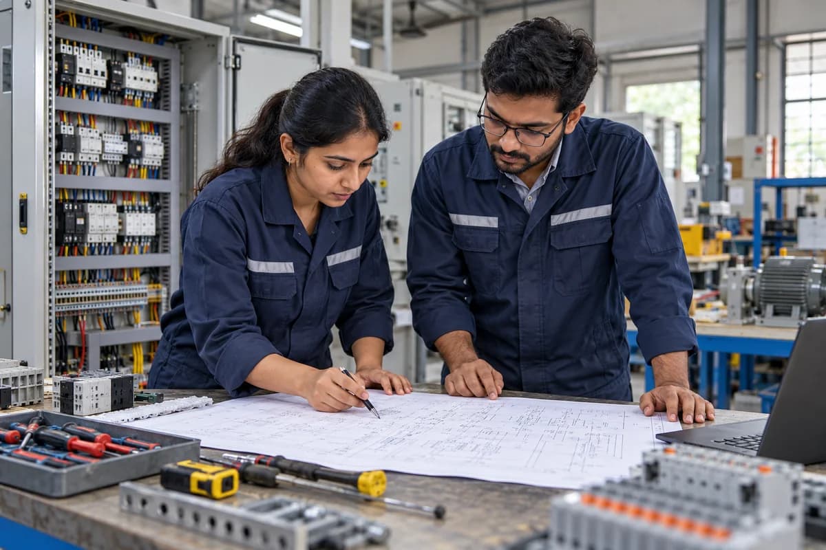 Illustrative Indian engineers reviewing an electrical drawing in a panel workshop